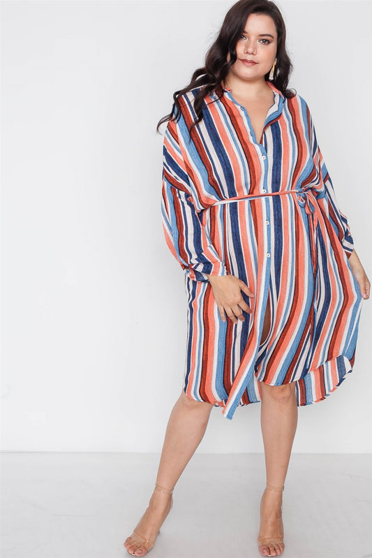 Plus Size Stripe Button Down Shirt Dress