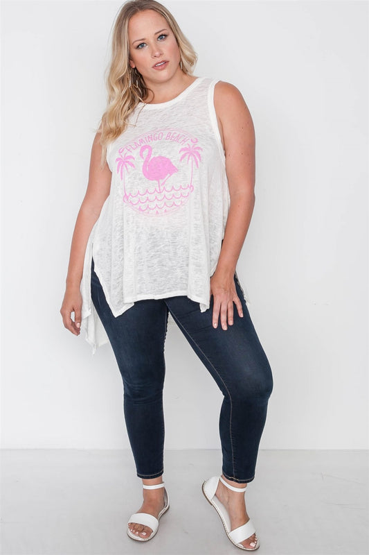 Plus Size Off White Knit Graphic Tank Top