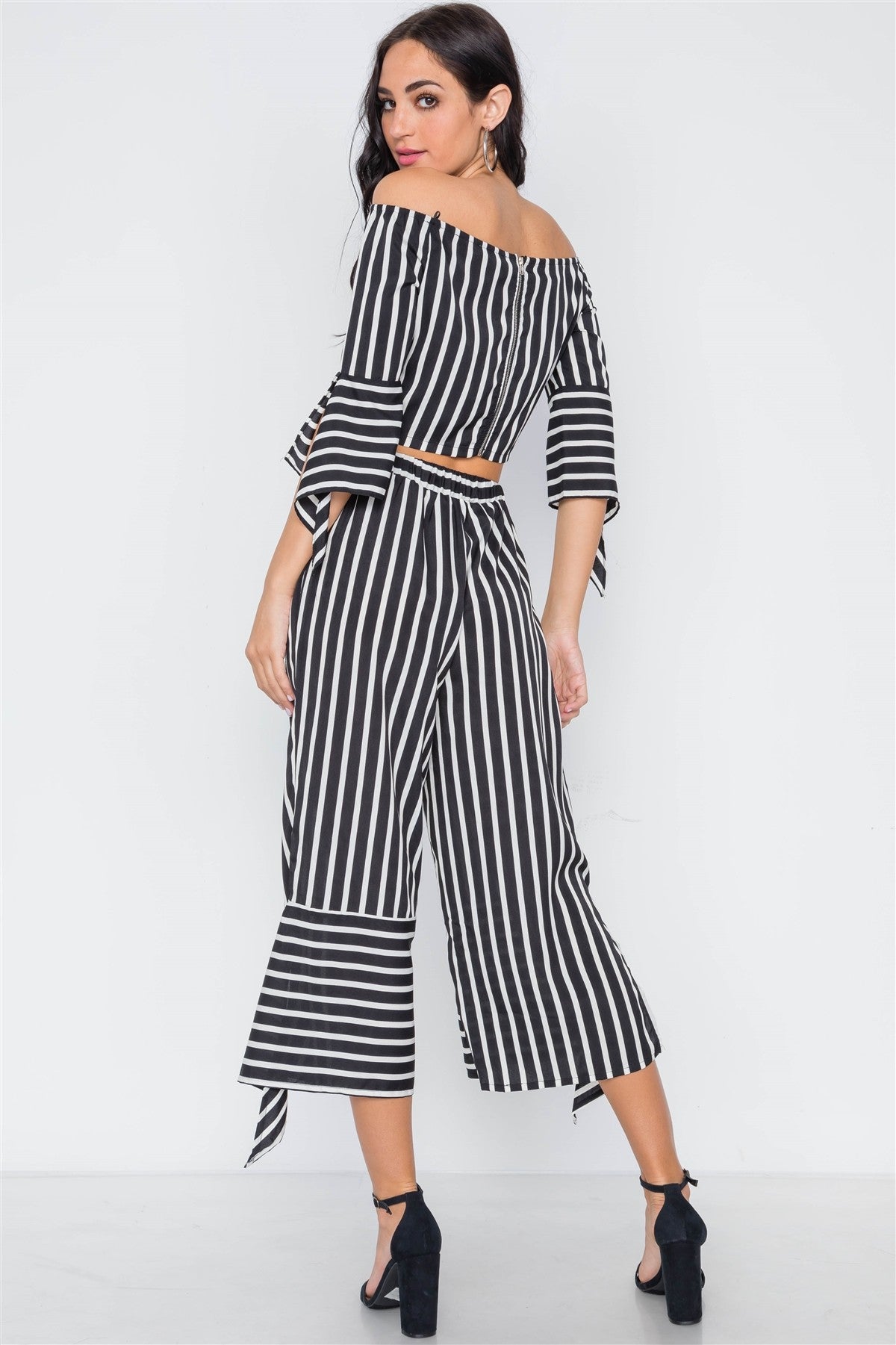 Stripe Flounce Two Piece Top Pants Set