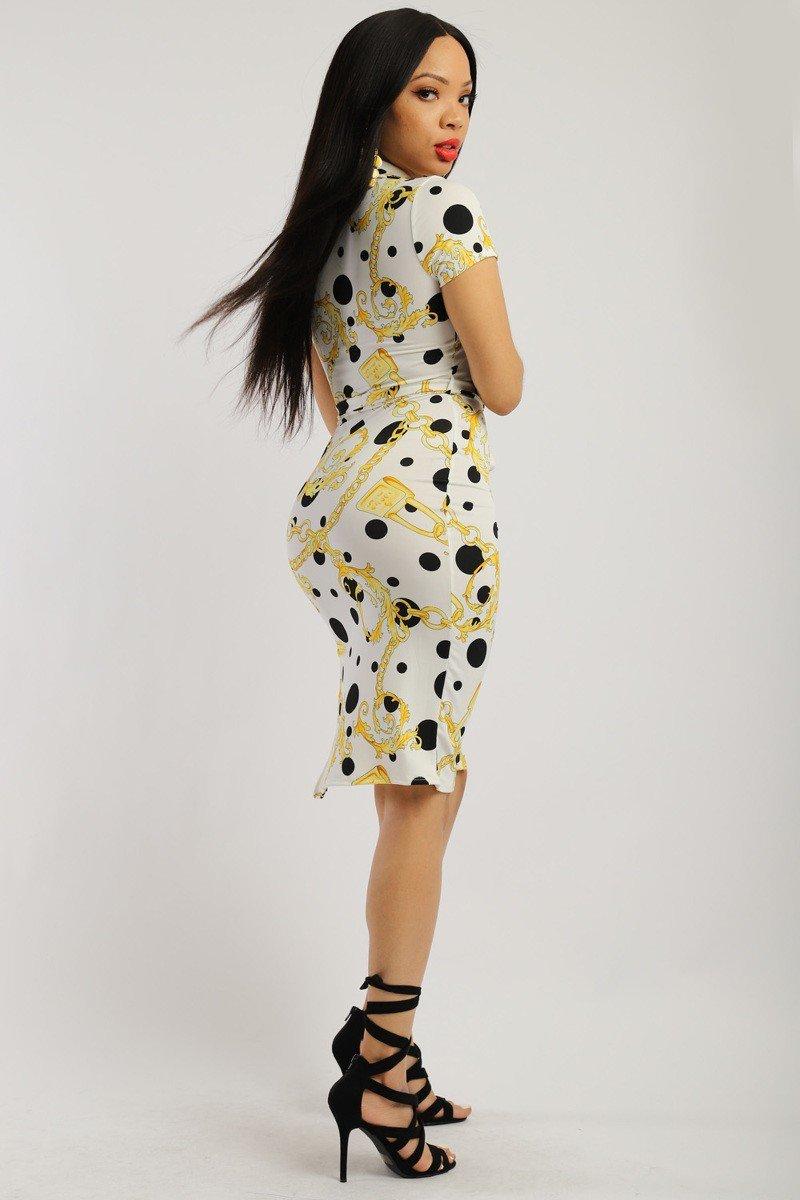 Print Midi Tee Dress With Short Sleeves Collared V Neckline, Decorative Button, Matching Belt And A Side Slit
