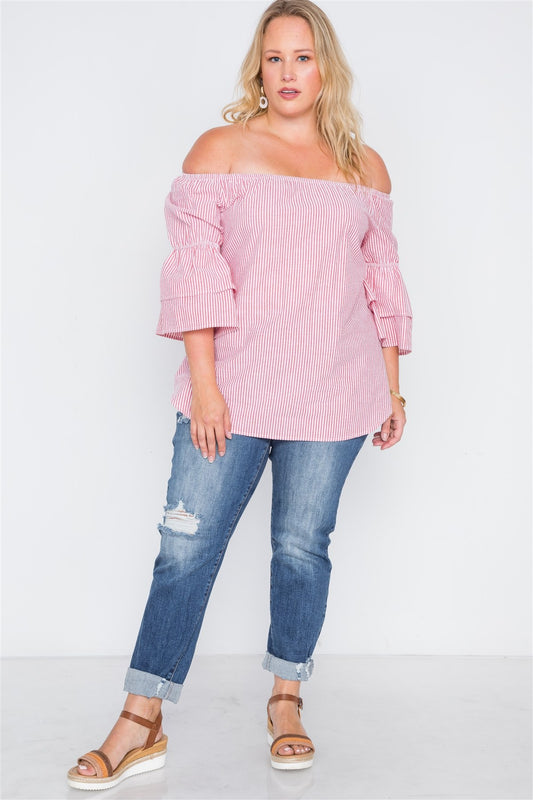 Plus Size 3/4 Bell Sleeves Striped Top