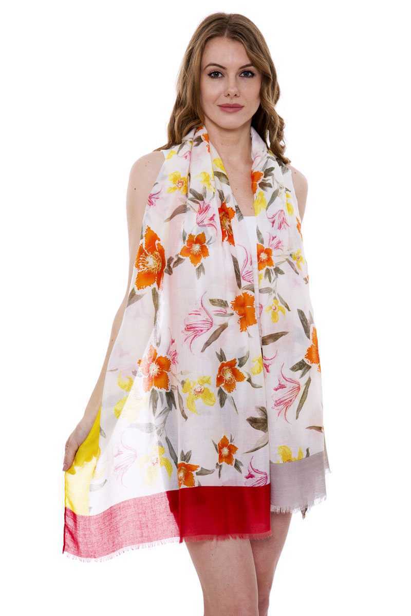 Soft Floral Print Oblong Scarf With Short Trim
