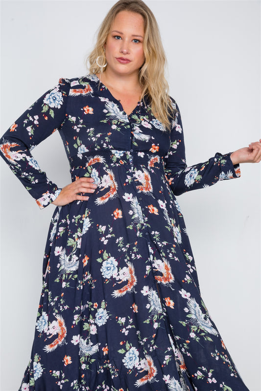Plus Size Floral Print Button Down Maxi Dress