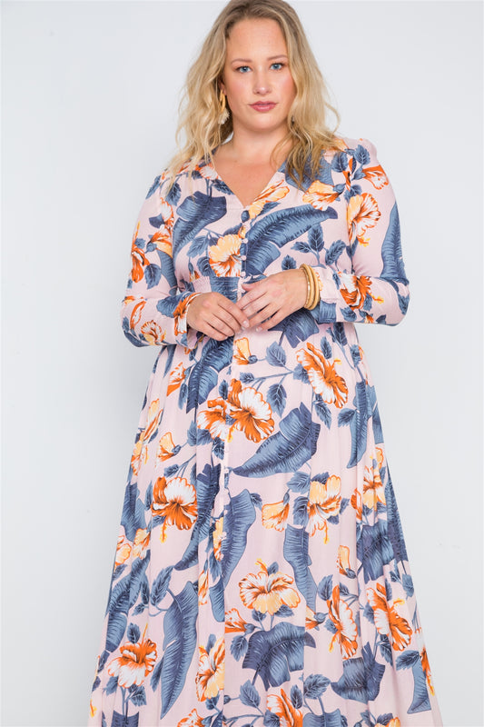 Plus Size Floral Print Button Down Maxi Dress