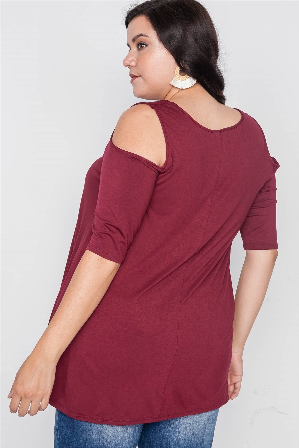Plus Size Wine Cold Shoulder Basic Top