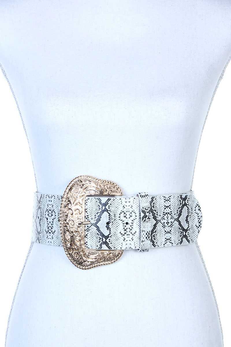 Filigree Wide Metal Buckle Animal Print Pattern Pu Leather Belt