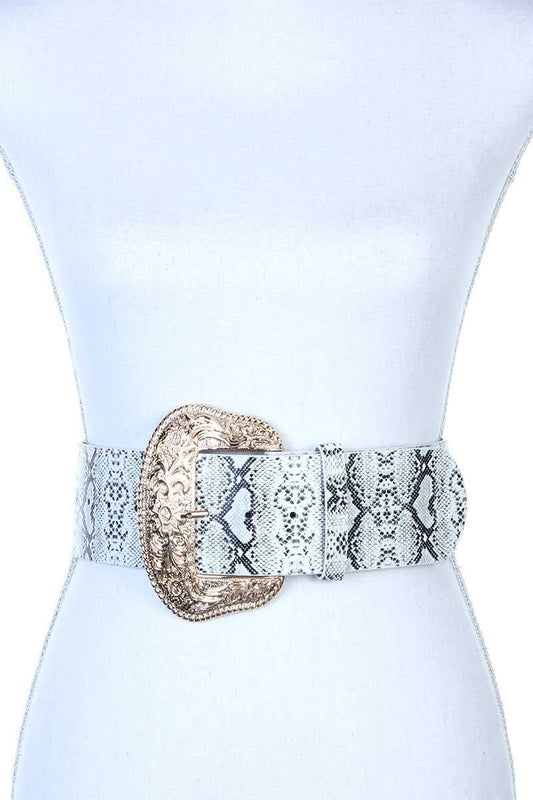 Filigree Wide Metal Buckle Animal Print Pattern Pu Leather Belt