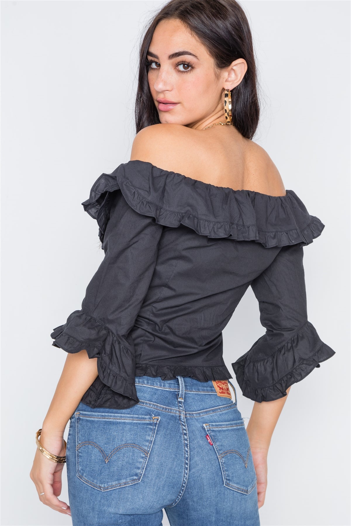 Black Off-the-shoulder Ruffle Tie Front Crop Top