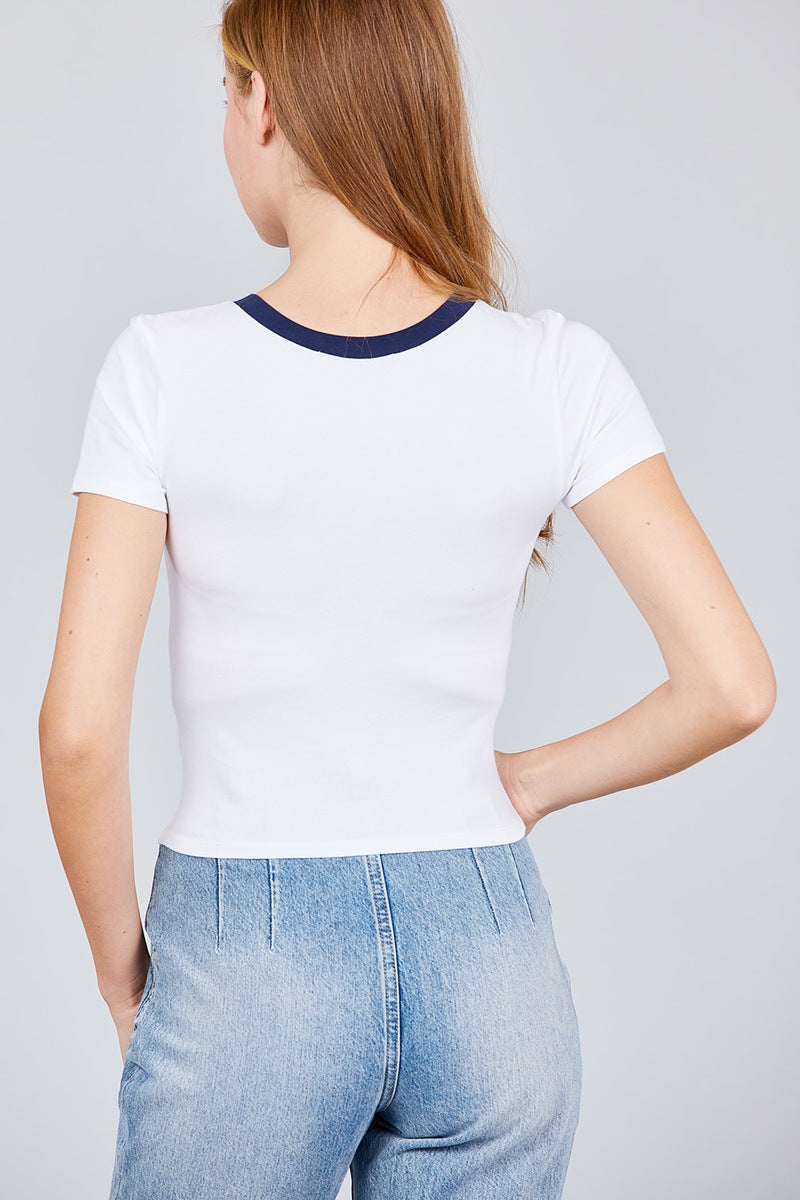 Short Sleeve Crew Neck Color Block Knit Top
