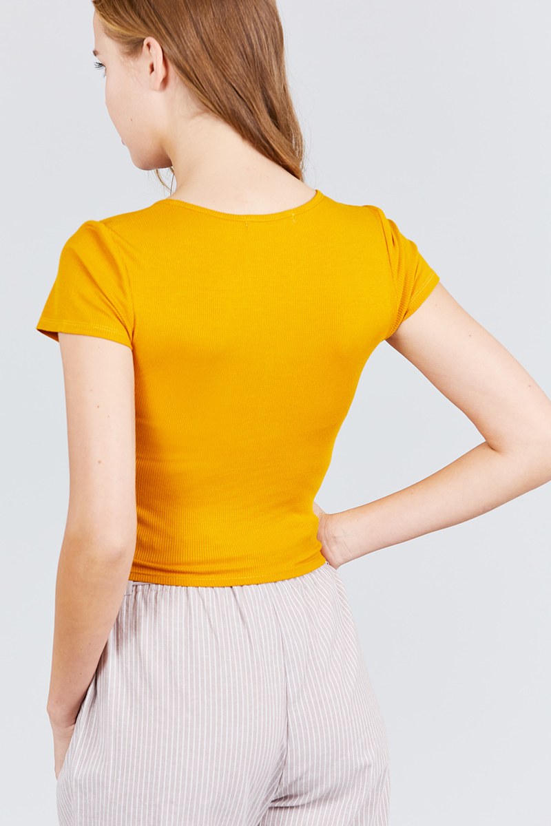 Short Sleeve Front Button Down Detail Rayon Spandex Rib Knit Top