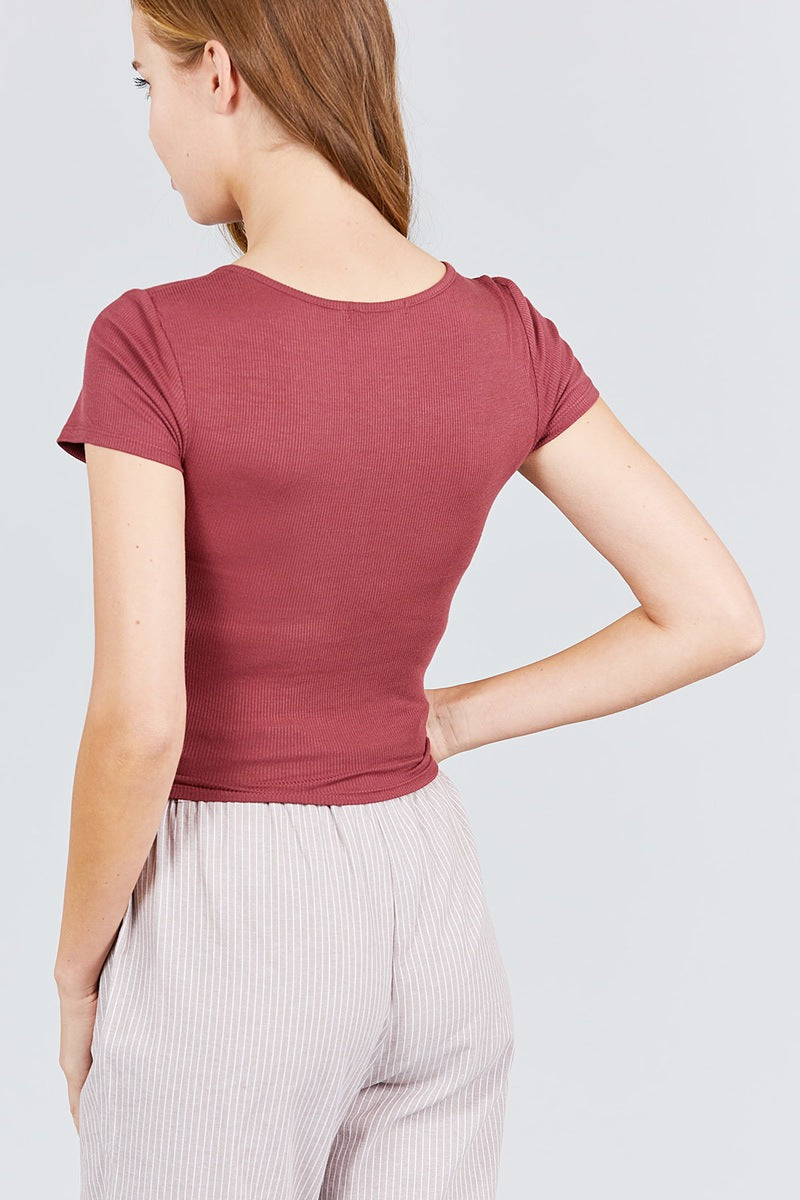 Short Sleeve Front Button Down Detail Rayon Spandex Rib Knit Top