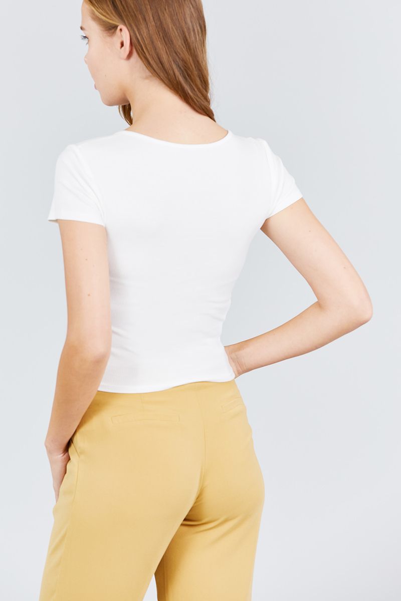 Short Sleeve Front Button Down Detail Rayon Spandex Rib Knit Top
