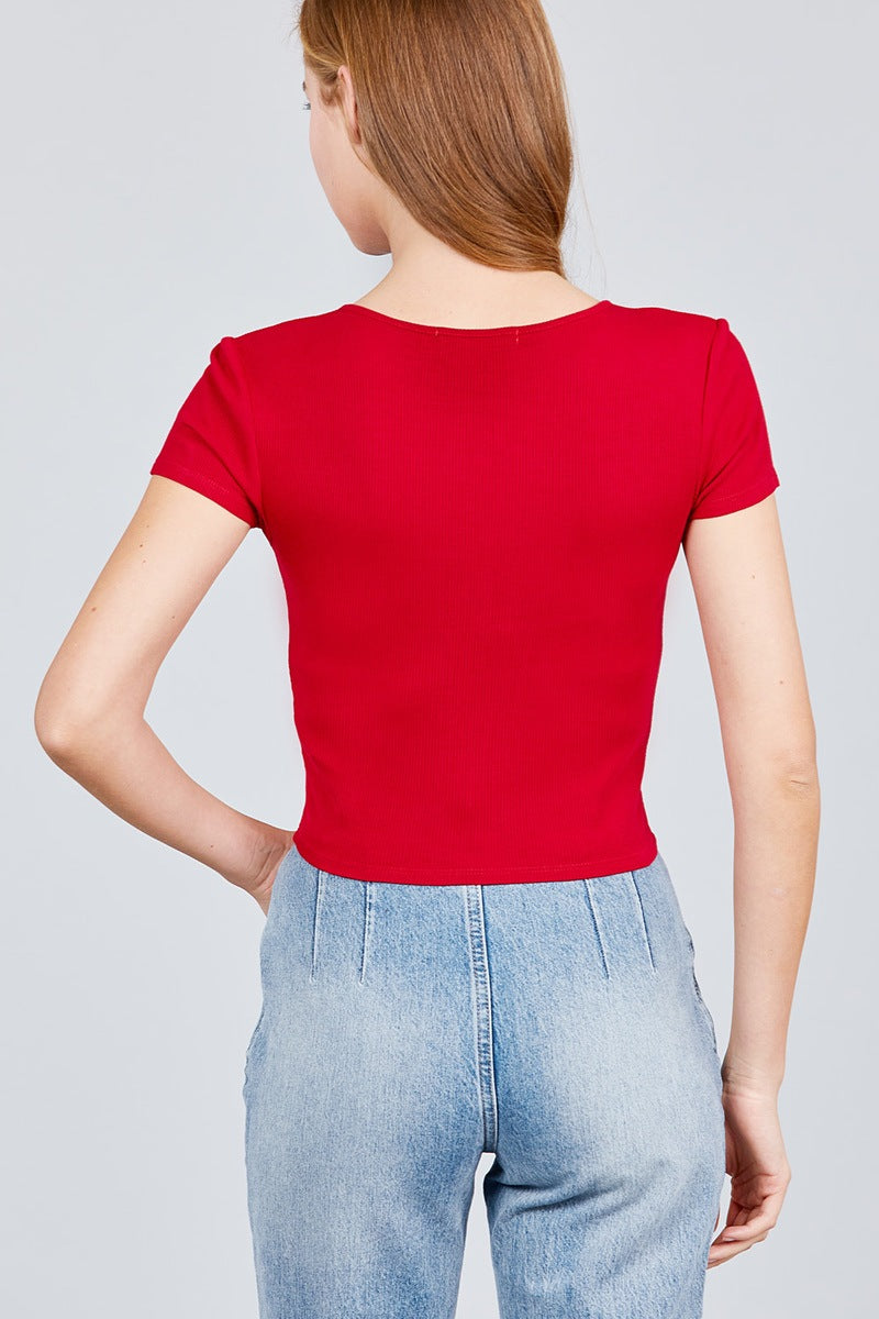 Short Sleeve Front Button Down Detail Rayon Spandex Rib Knit Top