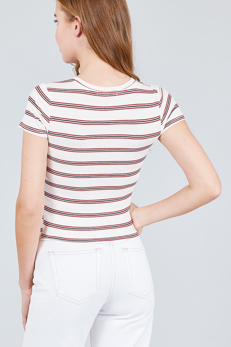 Short Sleeve Round Neck Multi Stripe Rib Knit Top