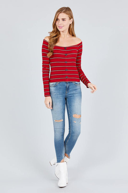 Long Sleeve Off The Shoulder Neckline Button Down Multi Stripe Rib Knit Top
