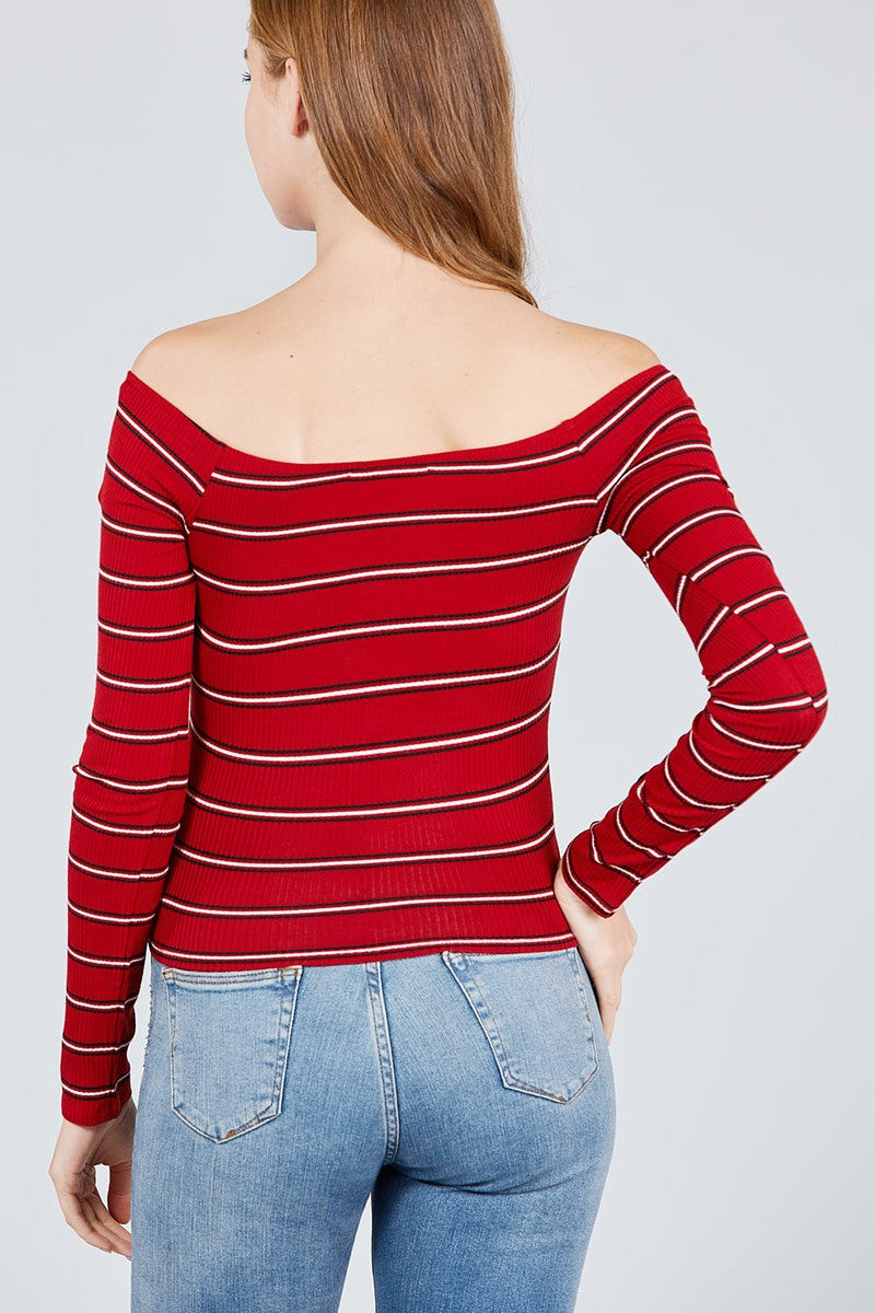 Long Sleeve Off The Shoulder Neckline Button Down Multi Stripe Rib Knit Top