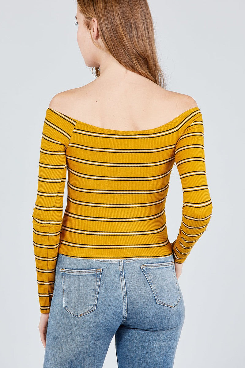 Long Sleeve Off The Shoulder Neckline Button Down Multi Stripe Rib Knit Top