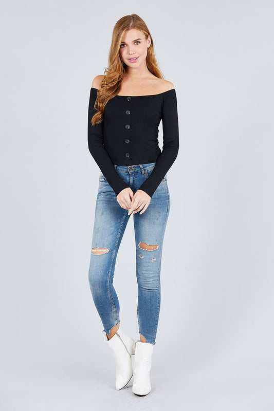 Long Sleeve Off The Shoulder Button Down Rayon Spandex Rib Knit Top