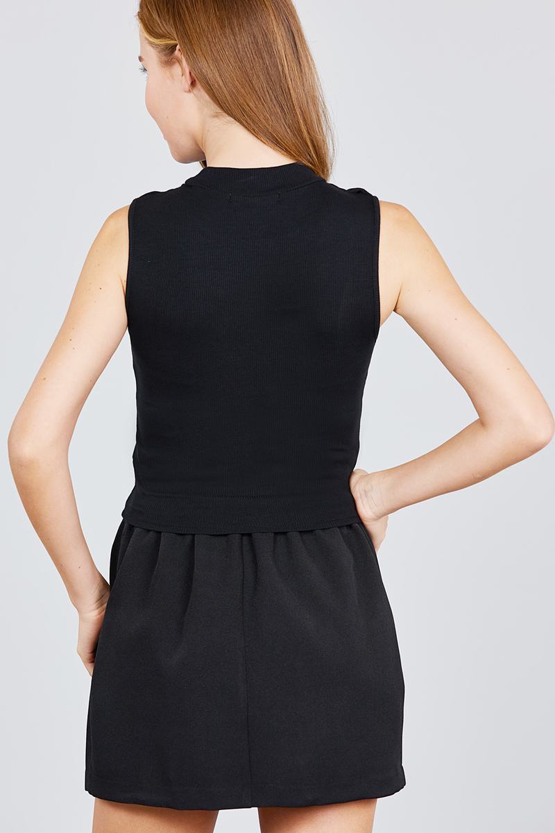 Sleeveless Mock Neck W/shoulder Button Detail Rayon Spandex Rib Crop Knit Top