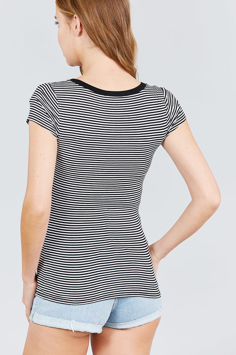 Short Sleeve Contrast Henley Neck Stripe Rayon Spandex Knit Top