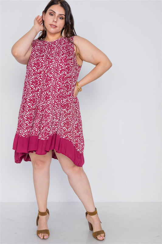 Plus Size Red White Floral Sleeveless Boho Dress