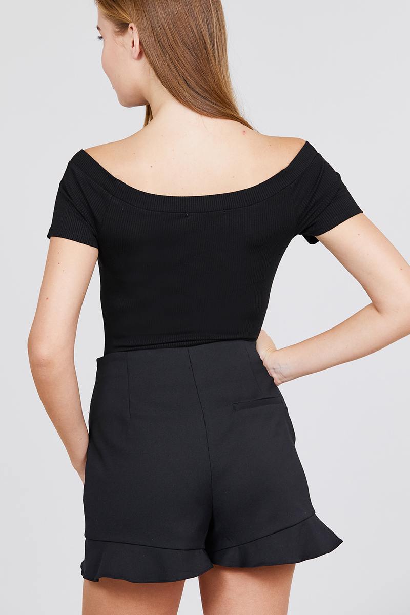 Short Sleeve Off The Shoulder Button Down Heavy Rib Rayon Spandex Knit Bodysuit