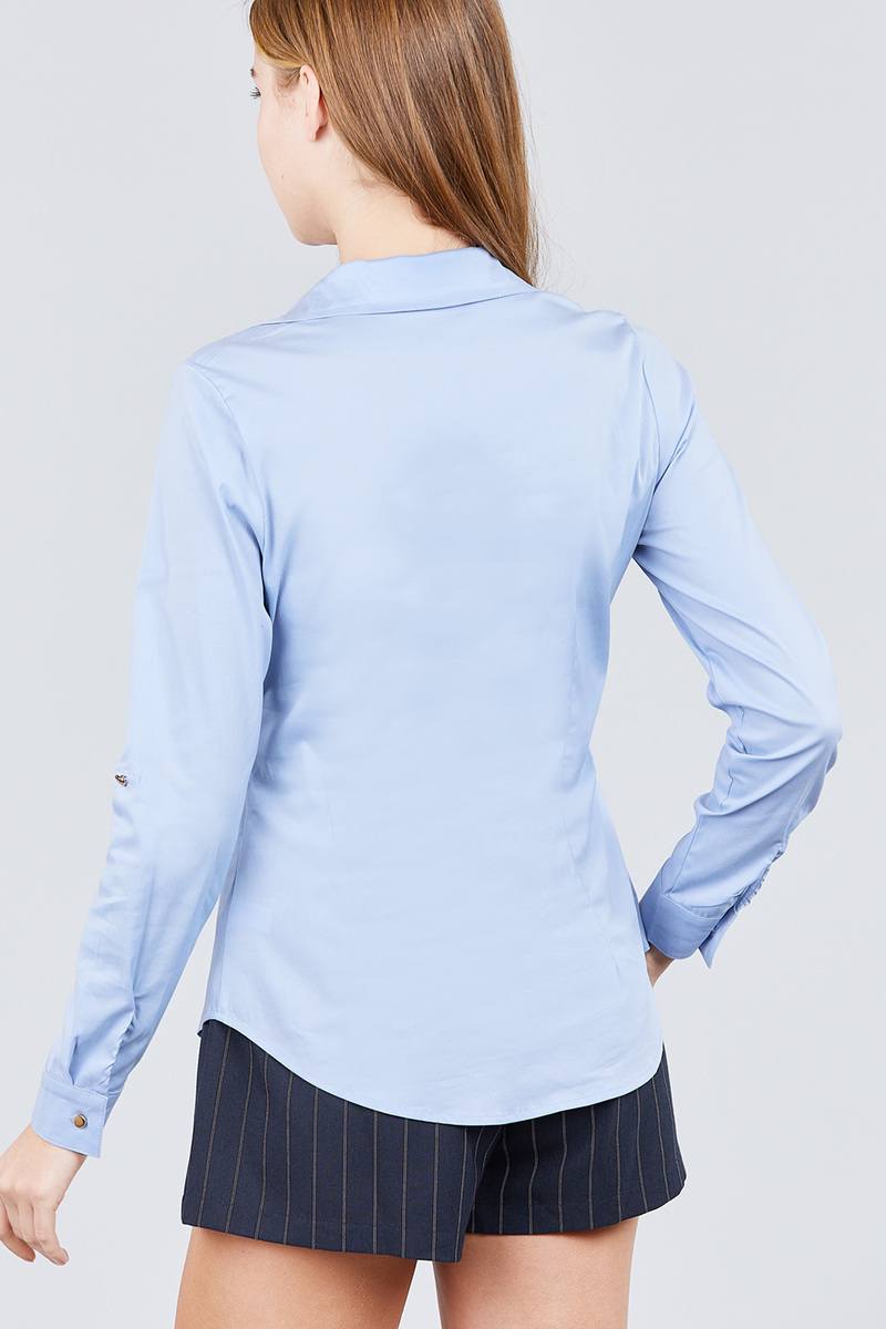 3/4 Roll Up Sleeve Front Two Pocket W/button Detail Stretch Shirt