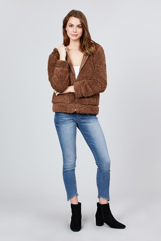 Hoodie Side Pocket Faux Fur Zip-up Jacket