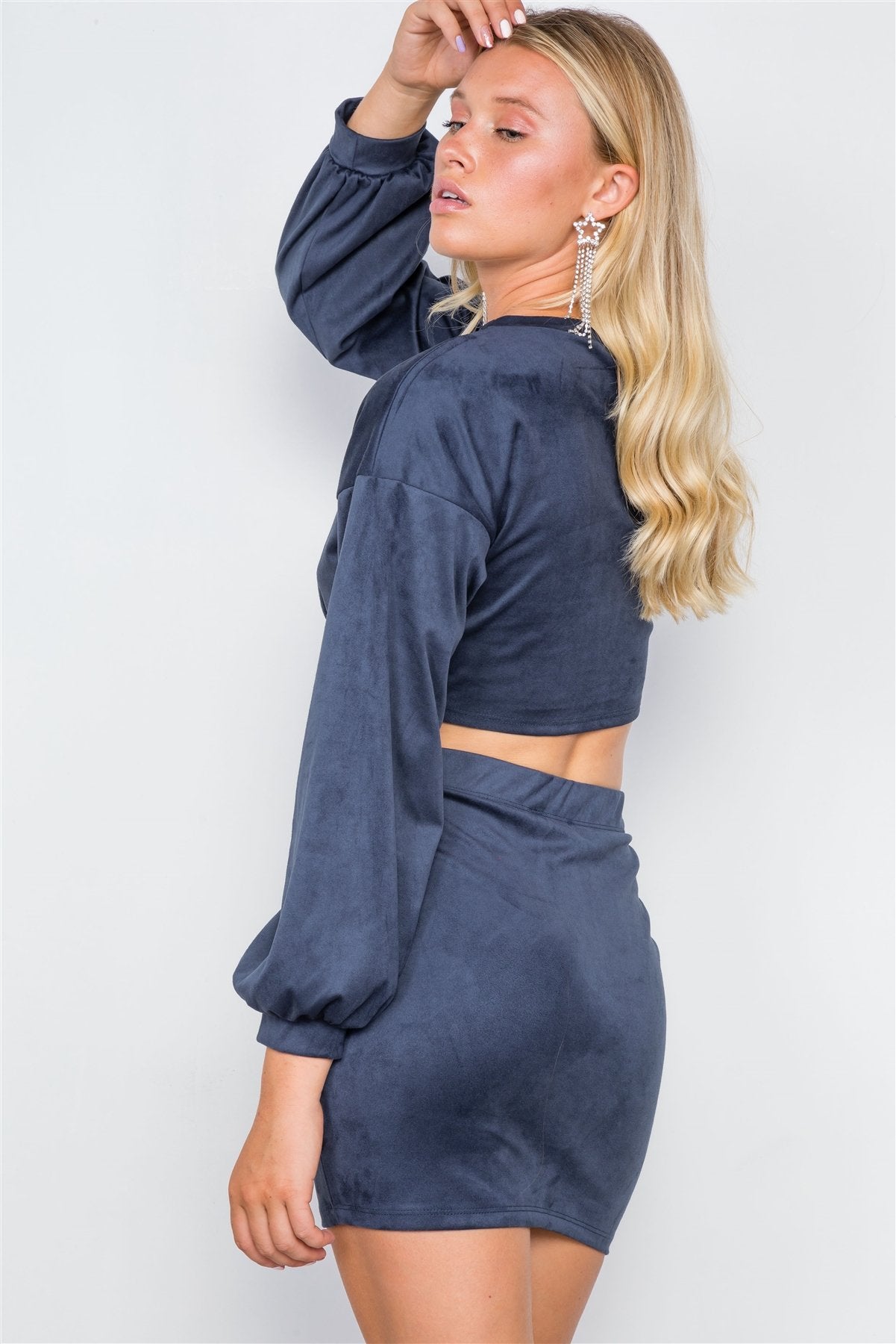 Faux Suede Two Piece Crop Top Mini Skirt Set