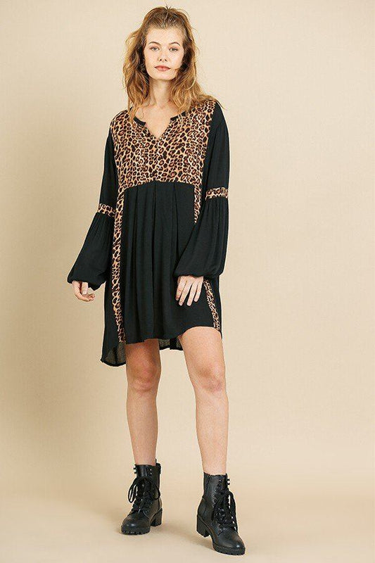 Animal Print Long Puff Sleeve Split Neck Babydoll Dress