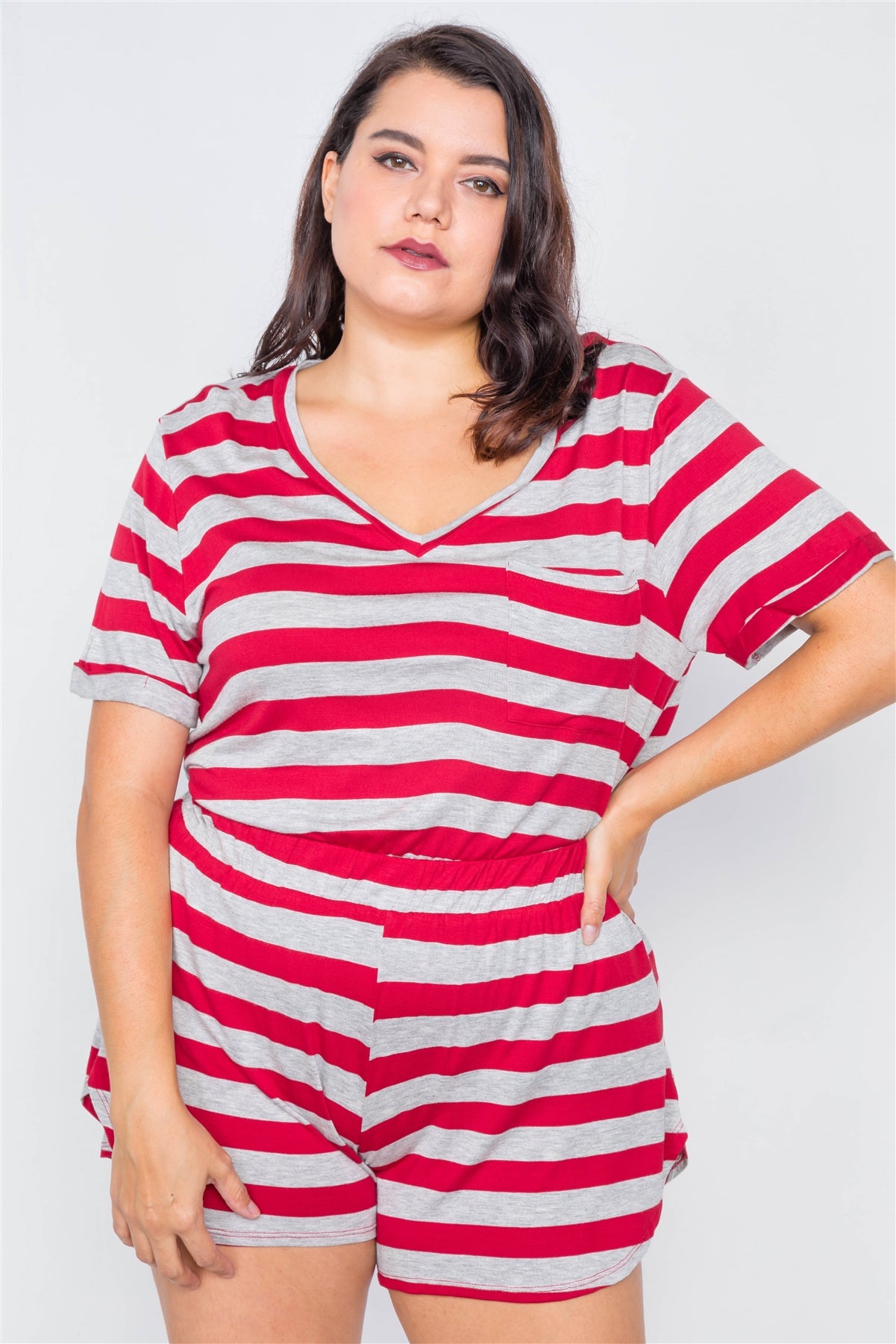 Plus Size Rolled Short Sleeve Stripe Comfy Short Set