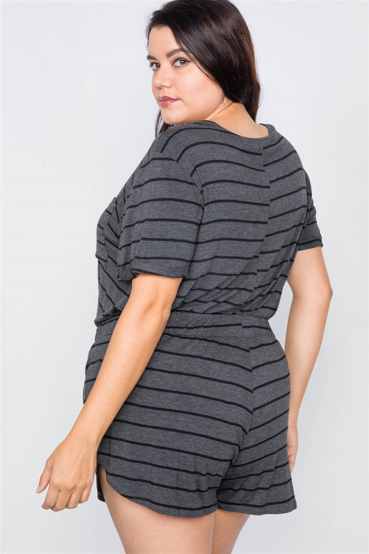 Plus Size Rolled Short Sleeve Stripe Comfy Short Set
