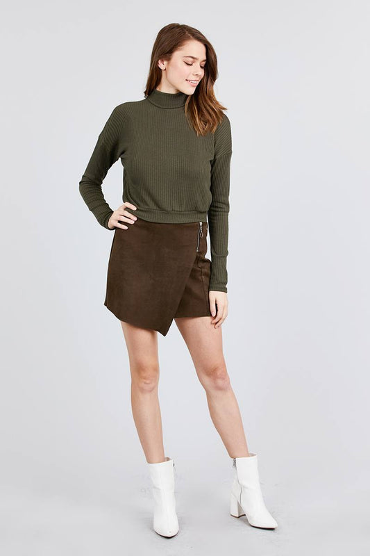 Long Dolman Sleeve Turtle Neck Rib Knit Top
