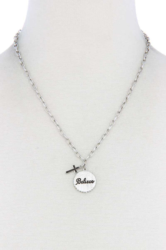 Believe Engrave Metal Circle Pendant Necklace