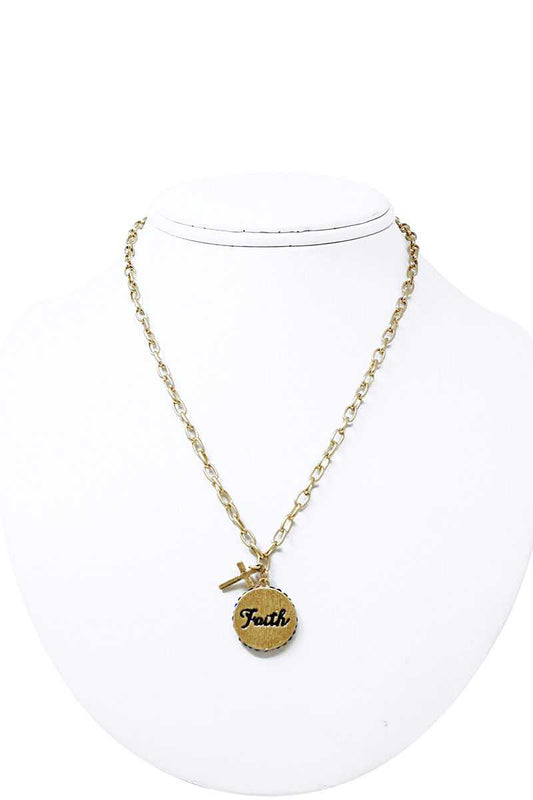 Fashion Side Rhinestone Circle Faith Pendant And Cross Necklace