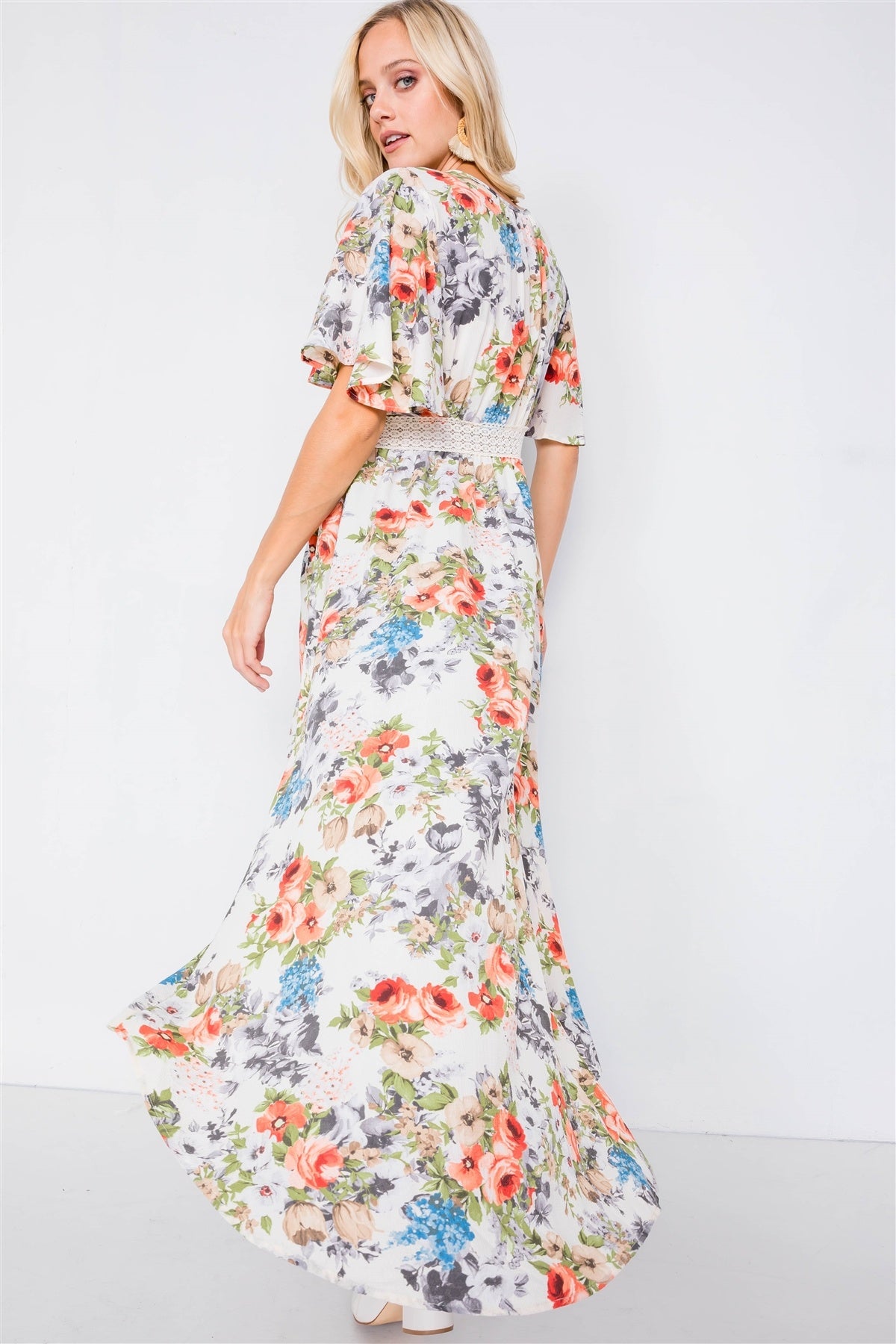 Ivory Rose & Blue Floral Print High-low Kimono Cover-up