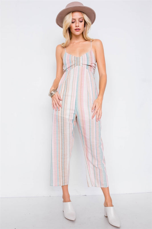 Multi Stripe Ribbon Shaped Front Smocking Back Jumpsuit