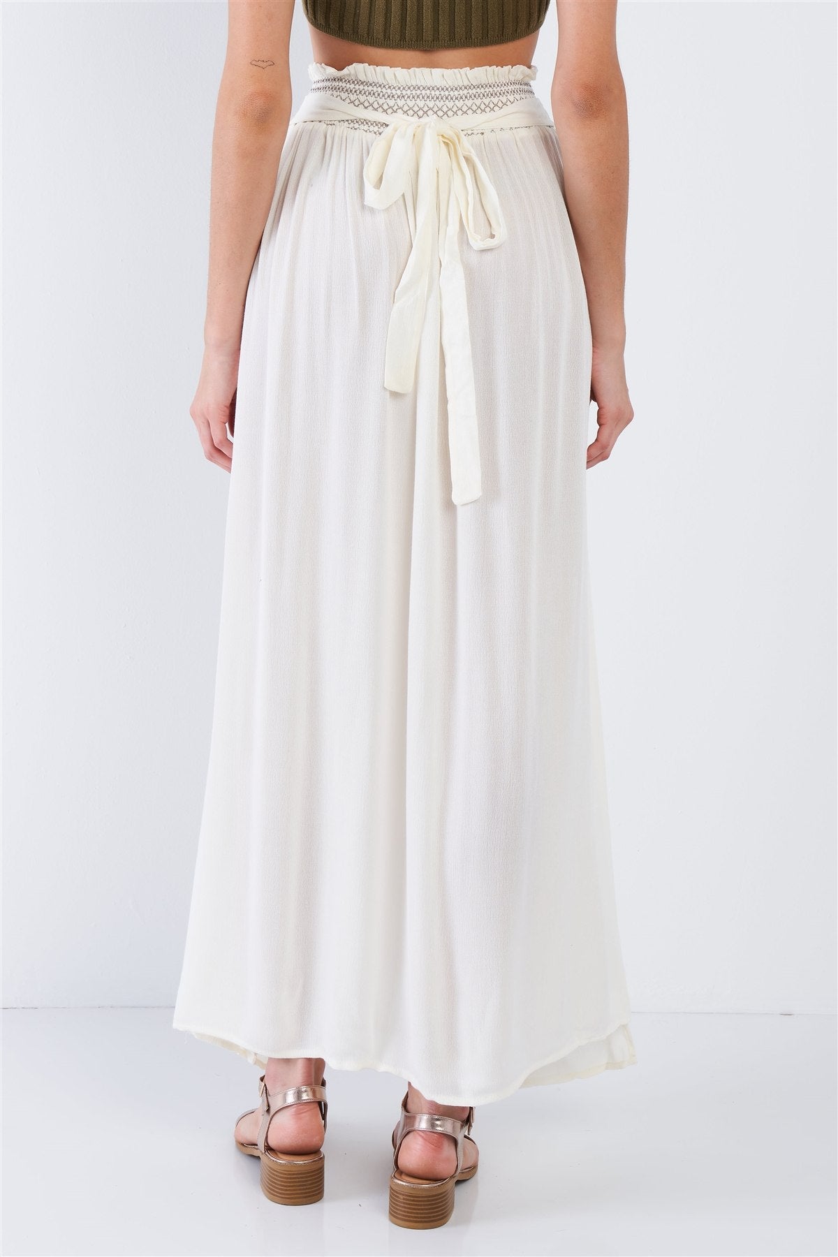 Taupe Sheer Center Side Slit Cut Out Boho Elastic Waist Maxi Skirt