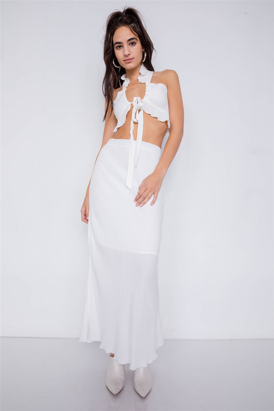 Mini Boho Print Lace Up Crop Top & High-waist Frill Trim Maxi Skirt Set