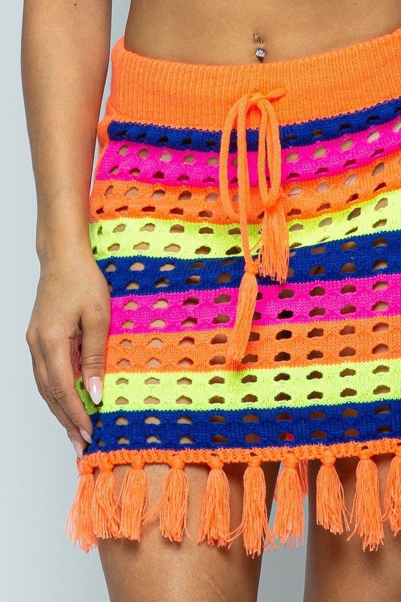 Striped Multi Color Laser Cut Cropped Halter Top/short Skirt Knit 2 Piece Set With Tassels
