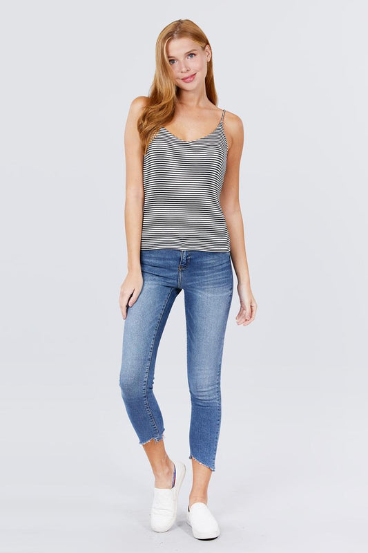 Double V-neck 2 Ply Stripe Rib Knit Cami Top