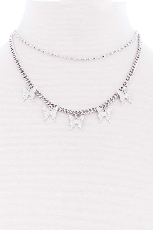 2 Layered Metal Butterfly Charm Necklace