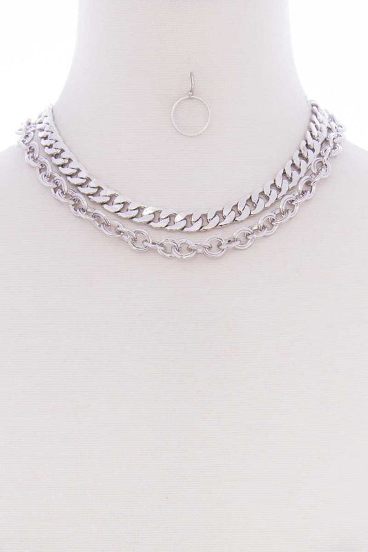 2 Layered Metal Link Chain Multi Necklace Earring Set