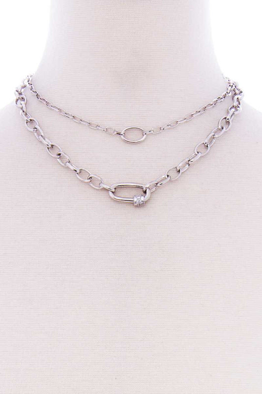 2 Layered Metal Oval Stone Point Chain Necklace