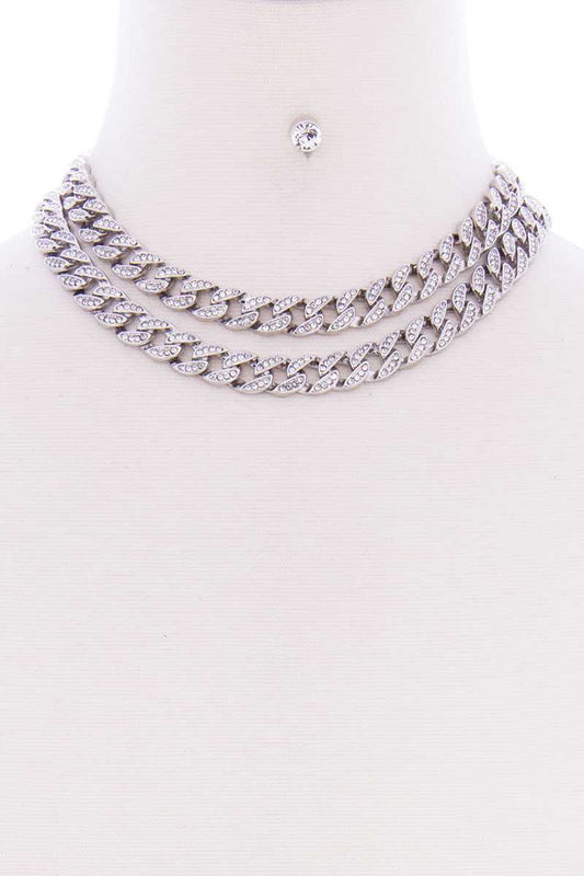 2 Layered Link Metal Chain Stud Stone Short Necklace Earring Set