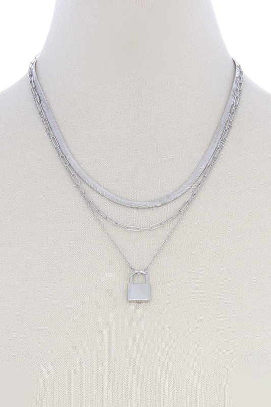 Lock Charm Flat Snake Chain Layer Necklace