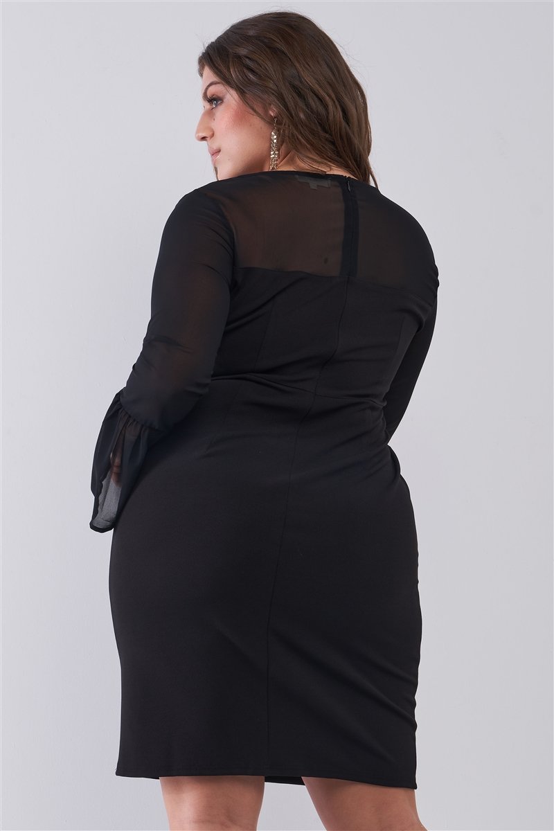 Plus Size Classy Black Round Neck Flared Sheer Mesh Sleeve Detail Structured Tight Mini Dress