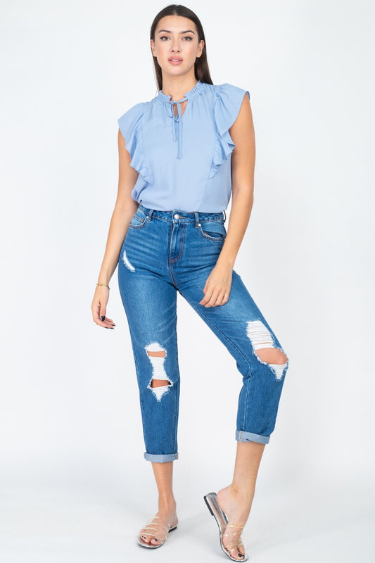 Ruffled Sleeves Mock Neck Top
