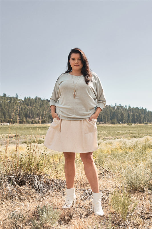 Plus Round Neck Dolman Sleeve Adjustable Draw-string Tie Back Detail Long Sleeve Top