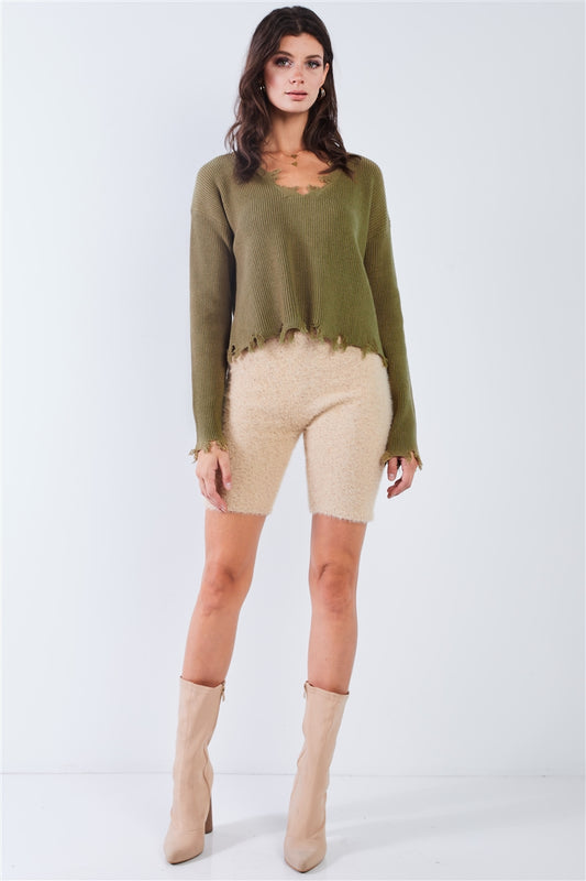 Fern Green Knit Drop Shoulder Long Sleeve V-neck Distressed Fringe Hem Crop Sweater